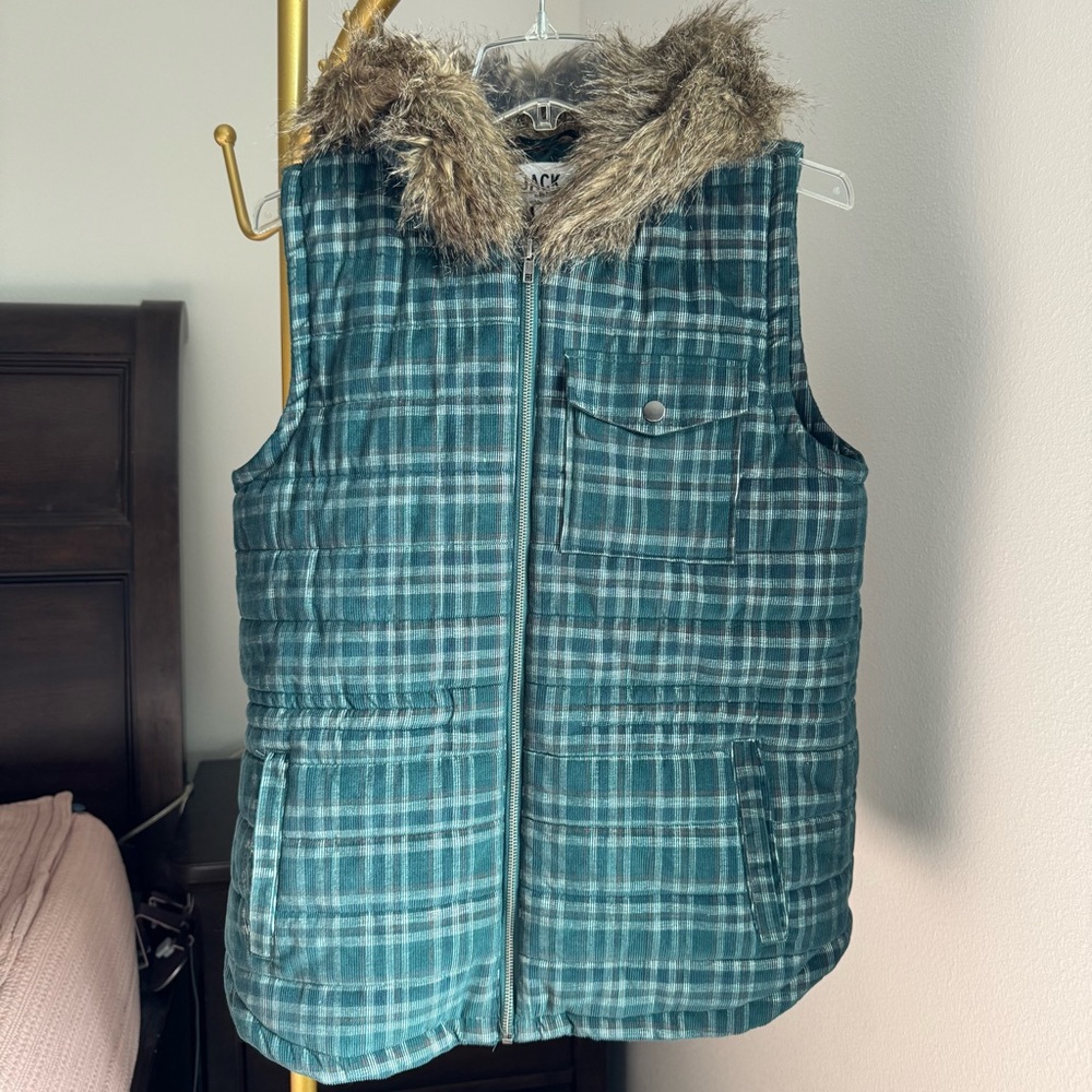 Jack by BB Dakota Plaid Corduroy Vest Faux Fur Hooded Medium